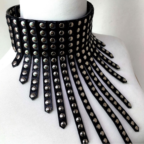 New Black Leather Studded Fringe Collar Statement Necklace - Picture 4 of 16